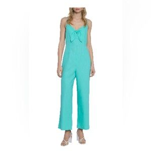 DONNA MORGAN For Maggy Tie Front Linen Blend electric green blue Jumpsuit/size 8